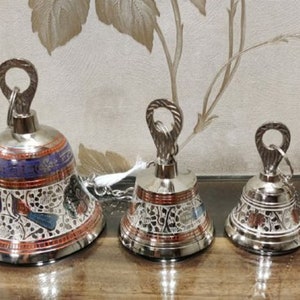 Set Of 2 Pure Brass Hanging Bell, Hand Engraved Nickel Coated Meena Work Hanging Bell For Home Entrance, Temple, Free Express Delivery