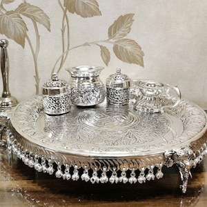 Duits zilveren handgegraveerde olifant Pooja Thali, tempeldecor, Diwali Pooja Thali, geoxideerd zilveren puja thali, gratis expreslevering