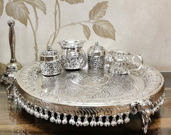 German Silver Hand Engraved Elephant Pooja Thali, Temple Decor, Diwali Pooja Thali, Oxidized Silver Puja Thali, Free Express Delivery