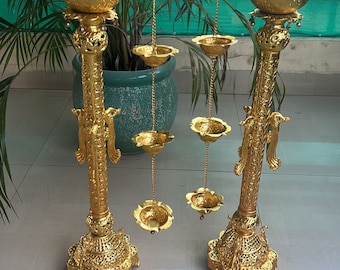 German Silver Parrot Samai, Hand Engraved Set Of 2 Gold Plated Parrot Samai-Diya, 26 Inches Samai-Diya, Oil Lamp, Free Express Delivery