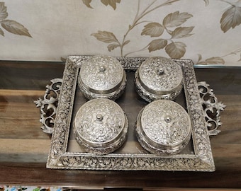 German Silver Hand Engraved Dry Fruit Bowl, Tray Set, Set Of 4 Bowl & 1 Tray, Housewarming Gift, Table Decor, Free Express Delivery