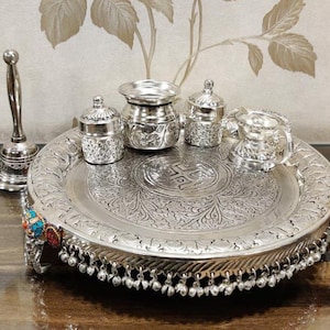 Duitse zilveren handgegraveerde olifant Pooja Thali met halfedelsteen, tempeldecor-zilveren puja thali, gratis expreslevering