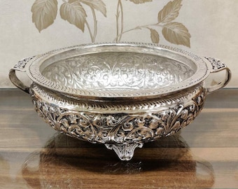 Hand Engraved German Silver Urli: Decorative Floating Candle Bowl