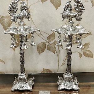 Hand Engraved German Silver Peacock Samai-Diya Set: Diwali Decor