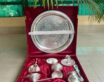 German Silver Pooja Thali Set: Temple Decor, Diwali Gift