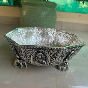 German Silver Octagonal Laxmi Urli, Hand Engraved Decorative Urli Bowl For Floating Candle, Diwali Decor, Free Express Delivery