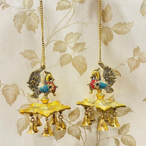 Golden Peacock Diya Set: Hand Engraved Hanging Oil Lamps