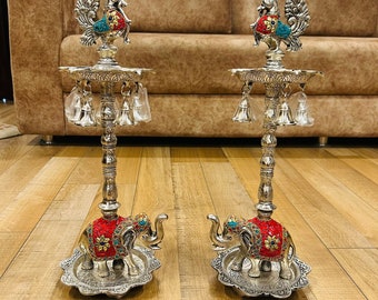 German Silver Peacock Samai, Hand Engraved Set Of 2 Peacock Samai-Diya With Elephant Base& Stone Work, Diwali Decor,Free Express Delivery