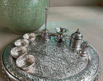 Hand Engraved German Silver Pooja Thali Set: Diwali Decor (15.5 Inches)
