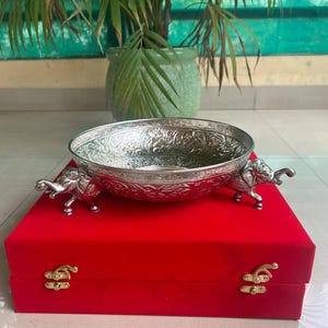 German Silver Elephant Urli, Velvet Box Designer Decorative Urli Bowl For Floating Candle/Diwali Decor/Gifting Urli, Free Express Delivery