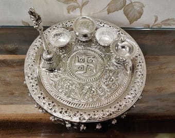 Hand Engraved German Silver Pooja Thali Set: Hindu Diwali Decor