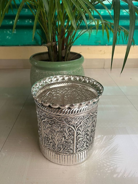 Silber Kuncham, handgravierter großer Übertopf, Blumenvase, Gartendeko, antiker Blumentopf, Einweihungsgeschenk, freie Expresslieferung