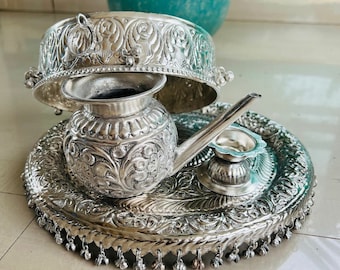 German Silver Karwachauth Pooja Thali Set: Lota, Channi & Diya