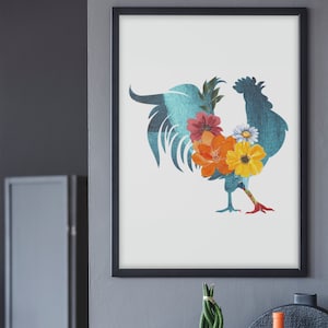 Printable Wall Art featuring a colorful  and aesthetically pleasing image of a rooster with flowers in watercolor style
