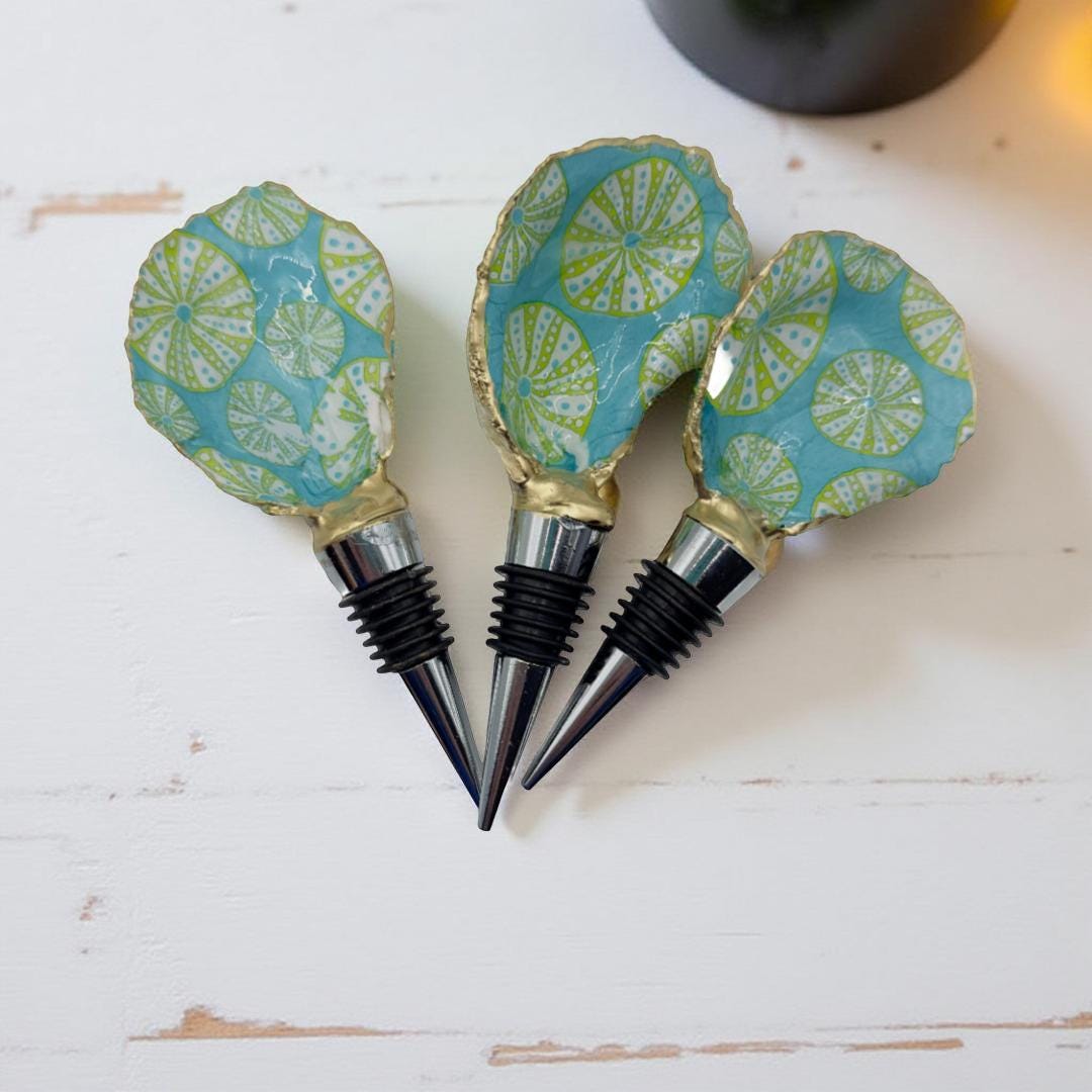 Oyster Shell Wine Stopper: Sea Urchin Splash, Gold Rim
