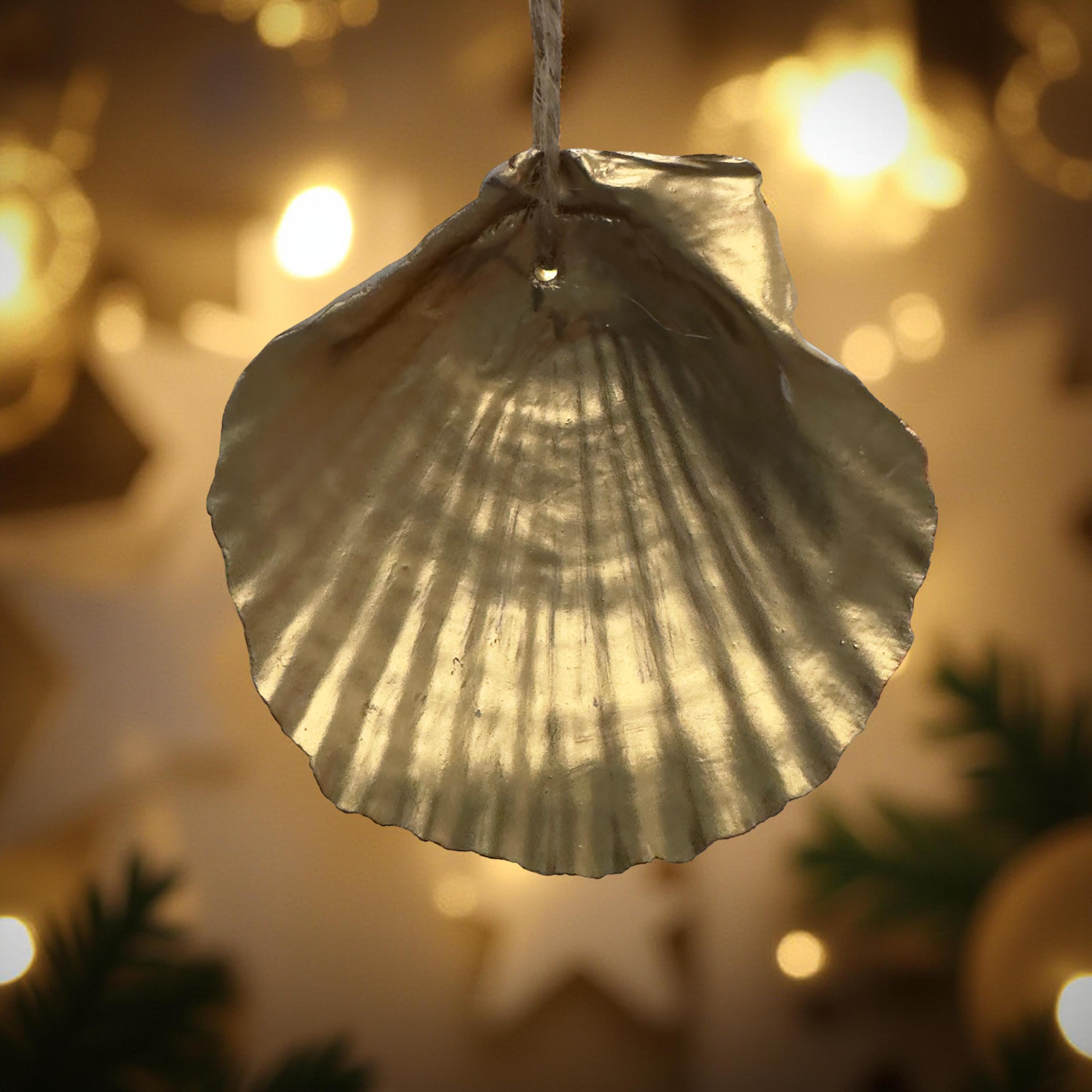 White & Metallic Scallop Shell Ornament – Silver or Gold Rim | Coastal Christmas Décor | Handmade