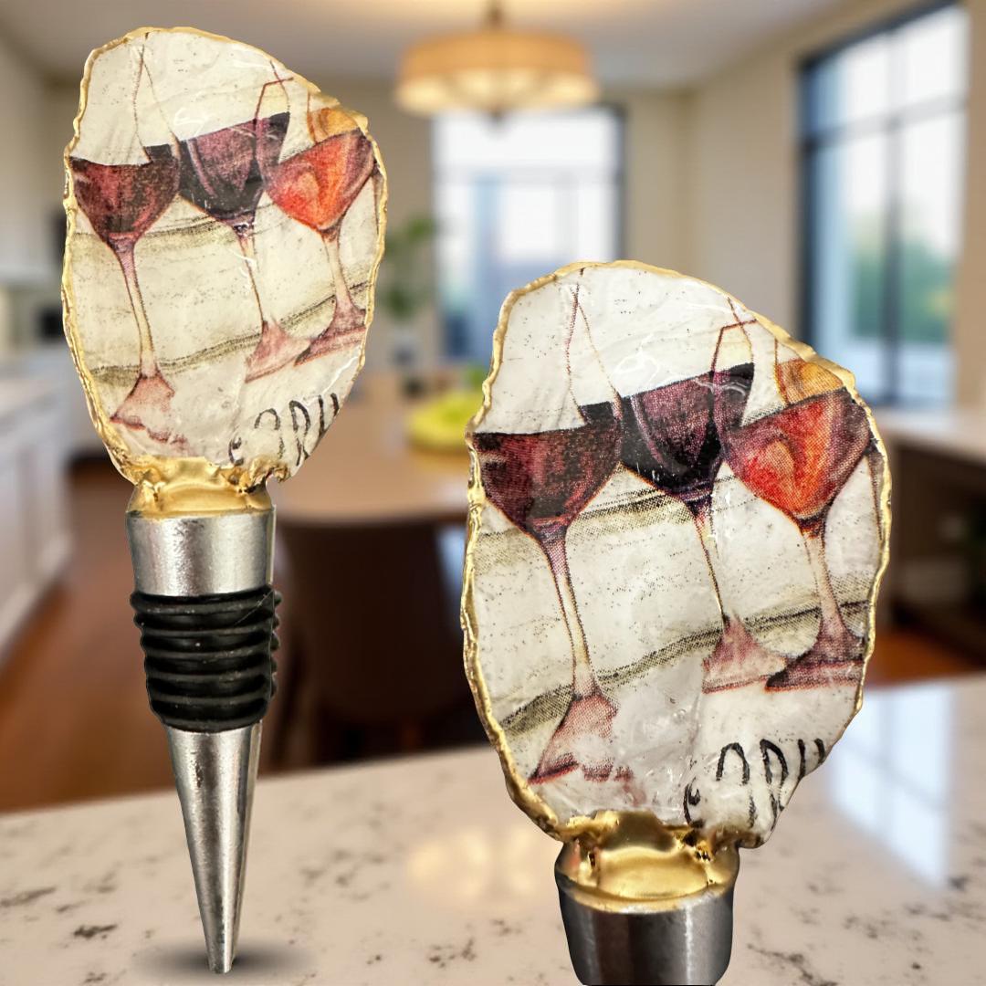 Oyster Shell Wine Stopper: Coastal Chic Gold Rim, Handmade Bar Accessory - Thumbnail 3