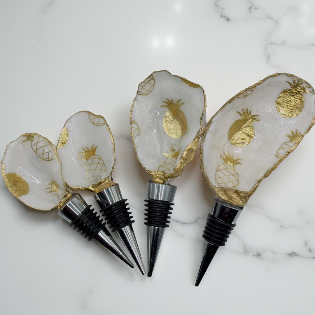 Elegant Tropical Pineapple Wine Stopper with Gold Leaf Trim and Oyster Shell Decoupage