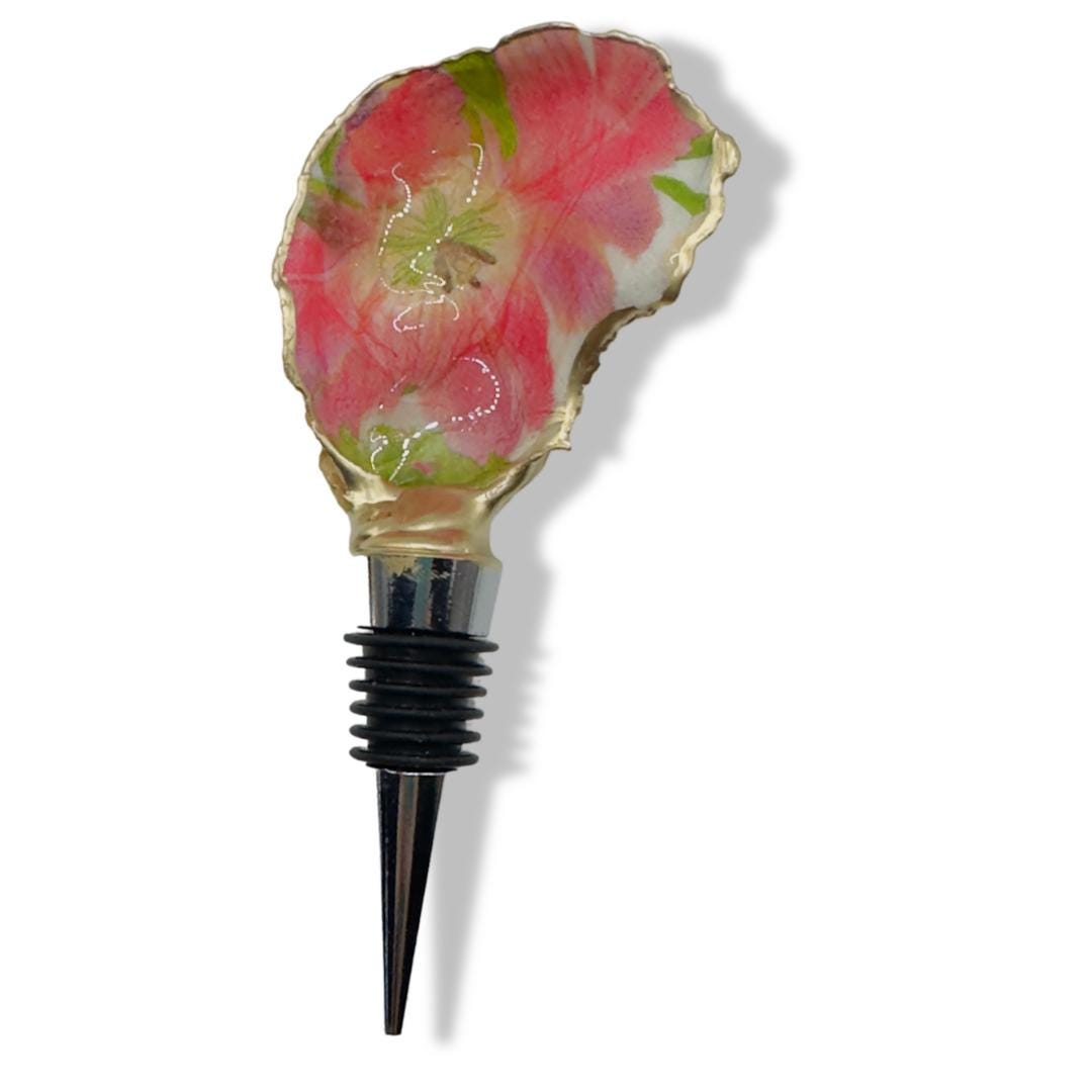 Floral Oyster Shell Wine Stopper: Gold Rim Coastal Decor - Thumbnail 3