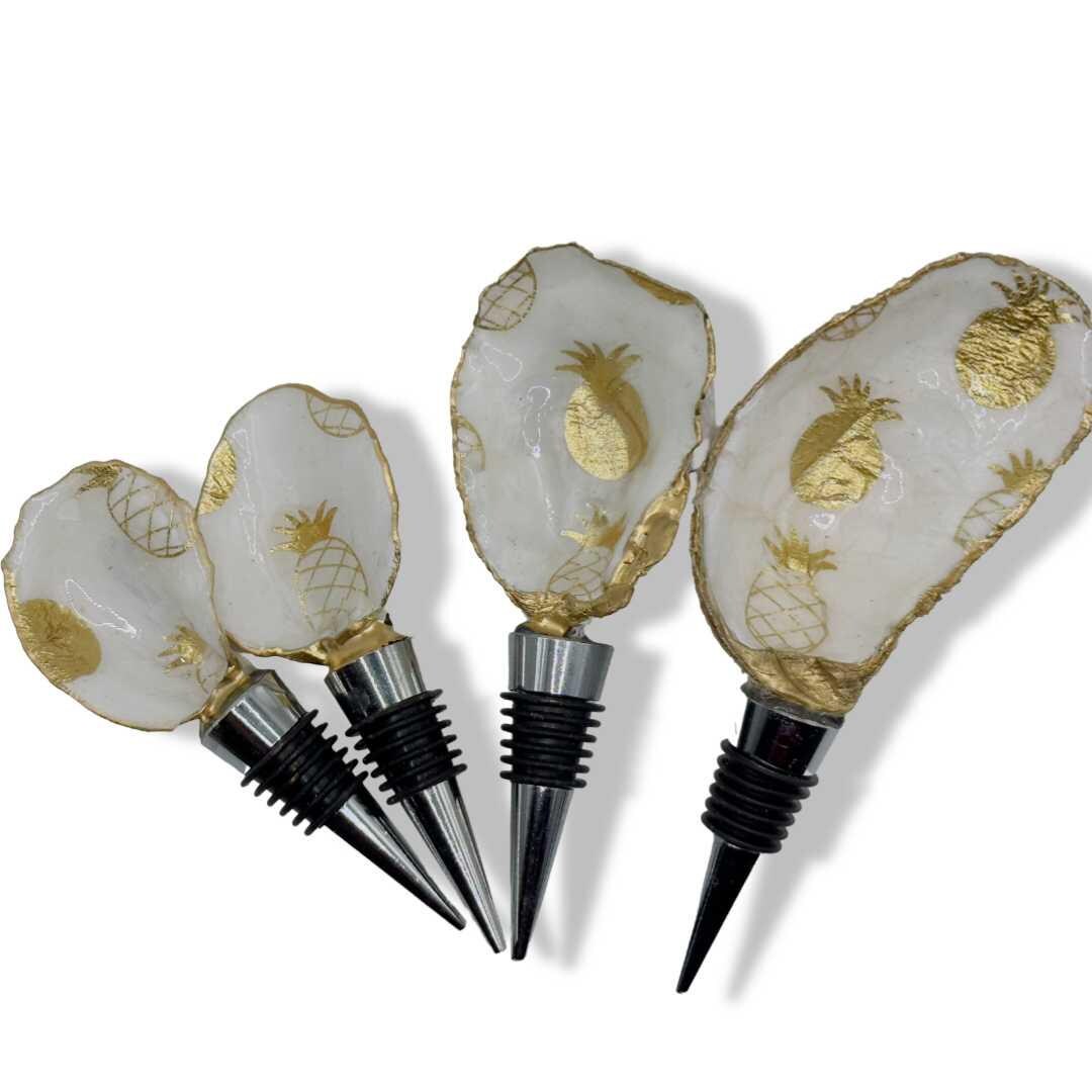 Elegant Tropical Pineapple Wine Stopper with Gold Leaf Trim and Oyster Shell Decoupage - Thumbnail 5