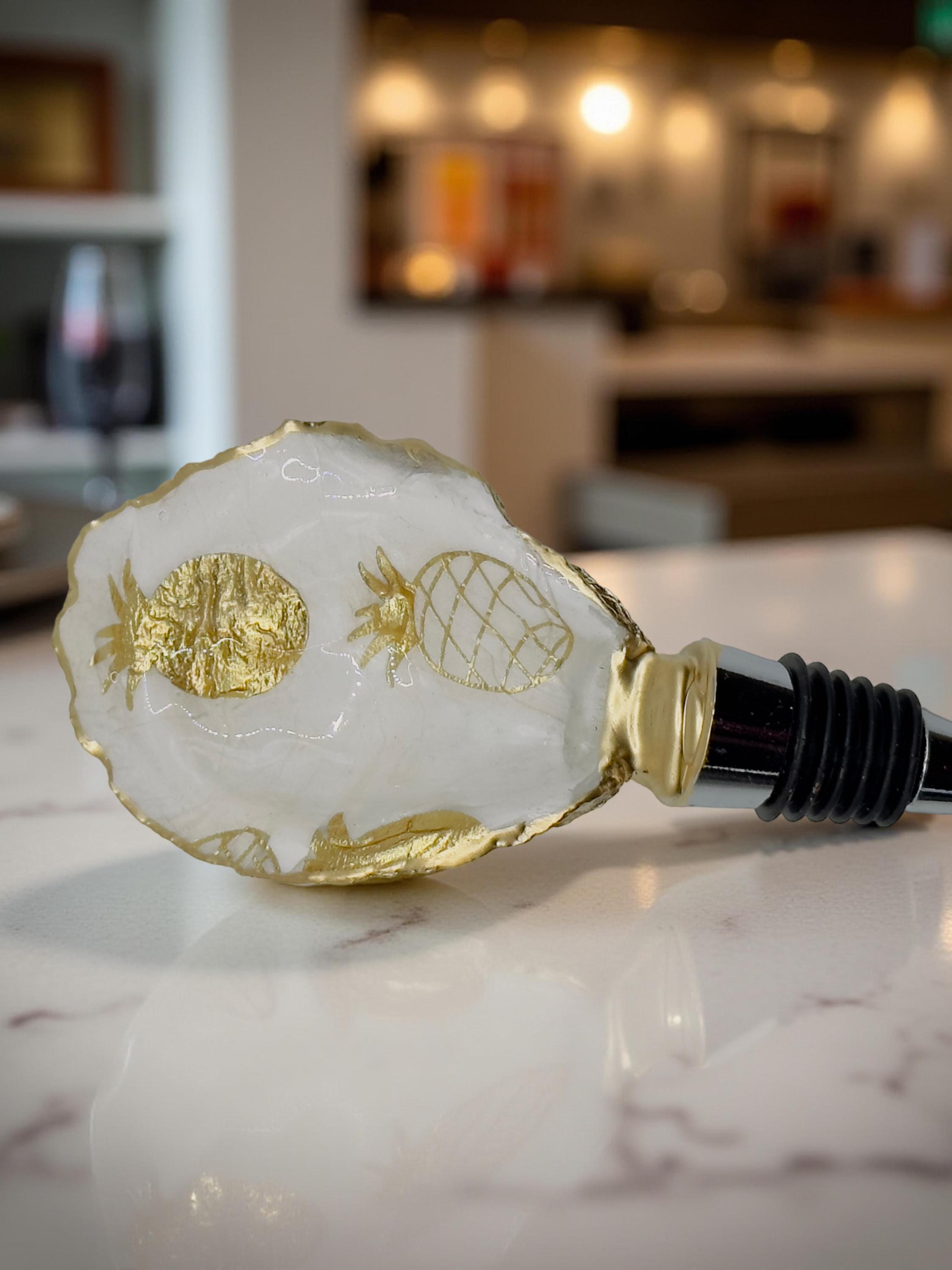 Pineapple Oyster Shell Wine Stopper: Hand-Gilded Coastal Decor