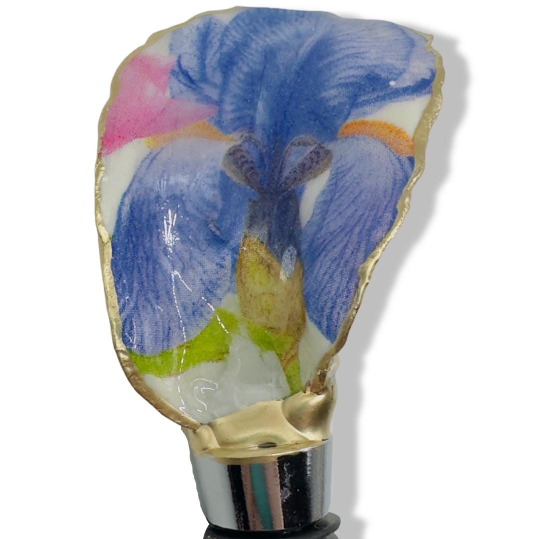 Floral Oyster Shell Wine Stopper: Gold Rim Coastal Decor - Thumbnail 5