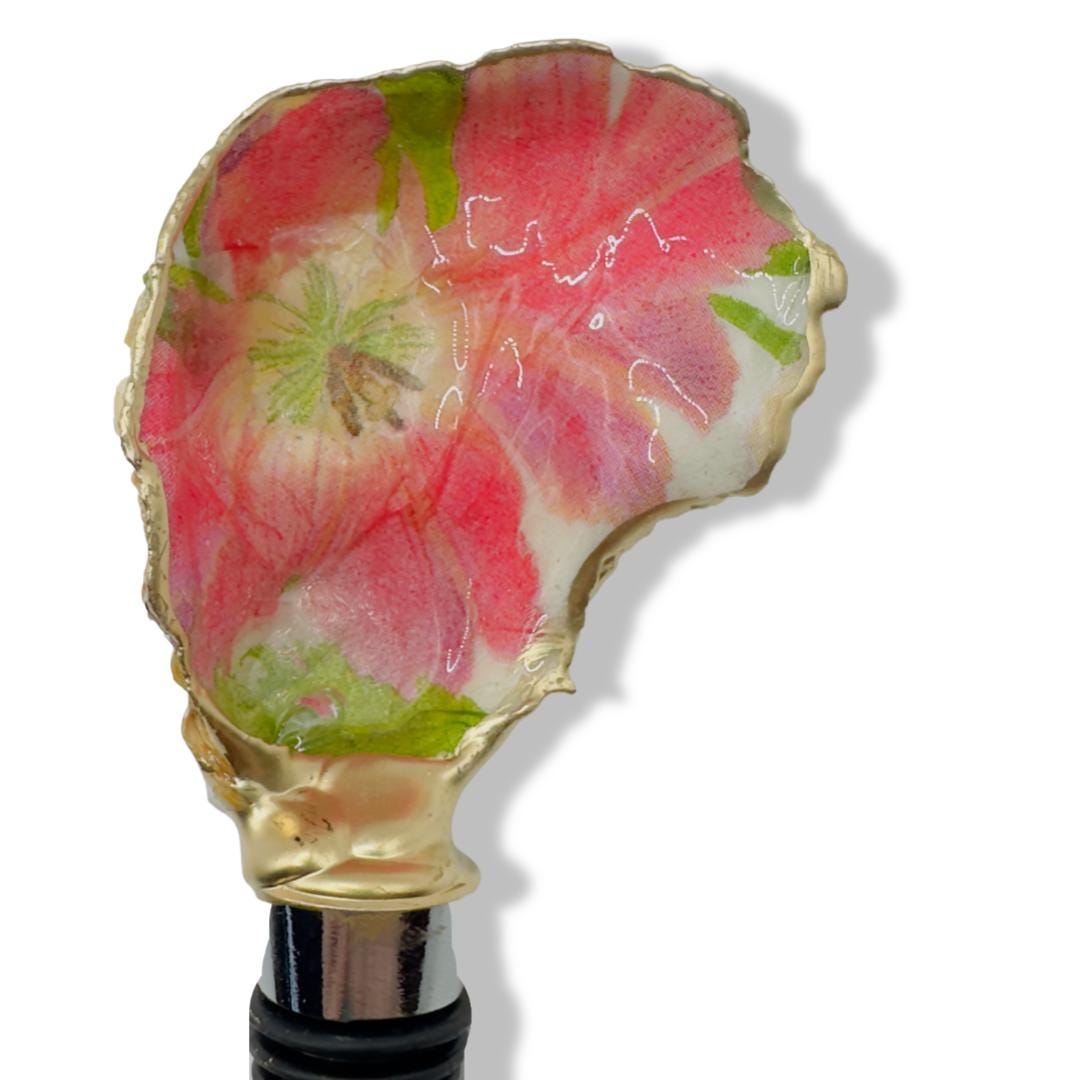 Floral Oyster Shell Wine Stopper: Gold Rim Coastal Decor - Thumbnail 6