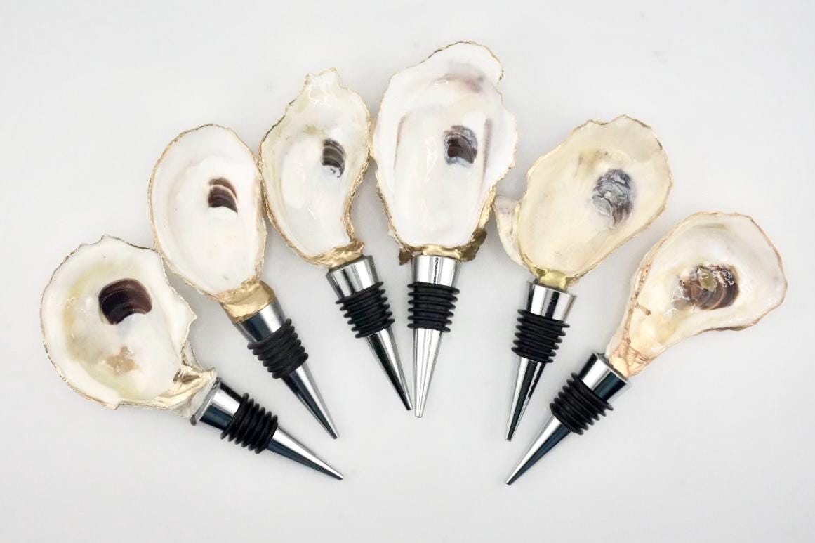 Handmade Oyster Shell Wine Stopper: Gold Rim Coastal Decor - Thumbnail 2