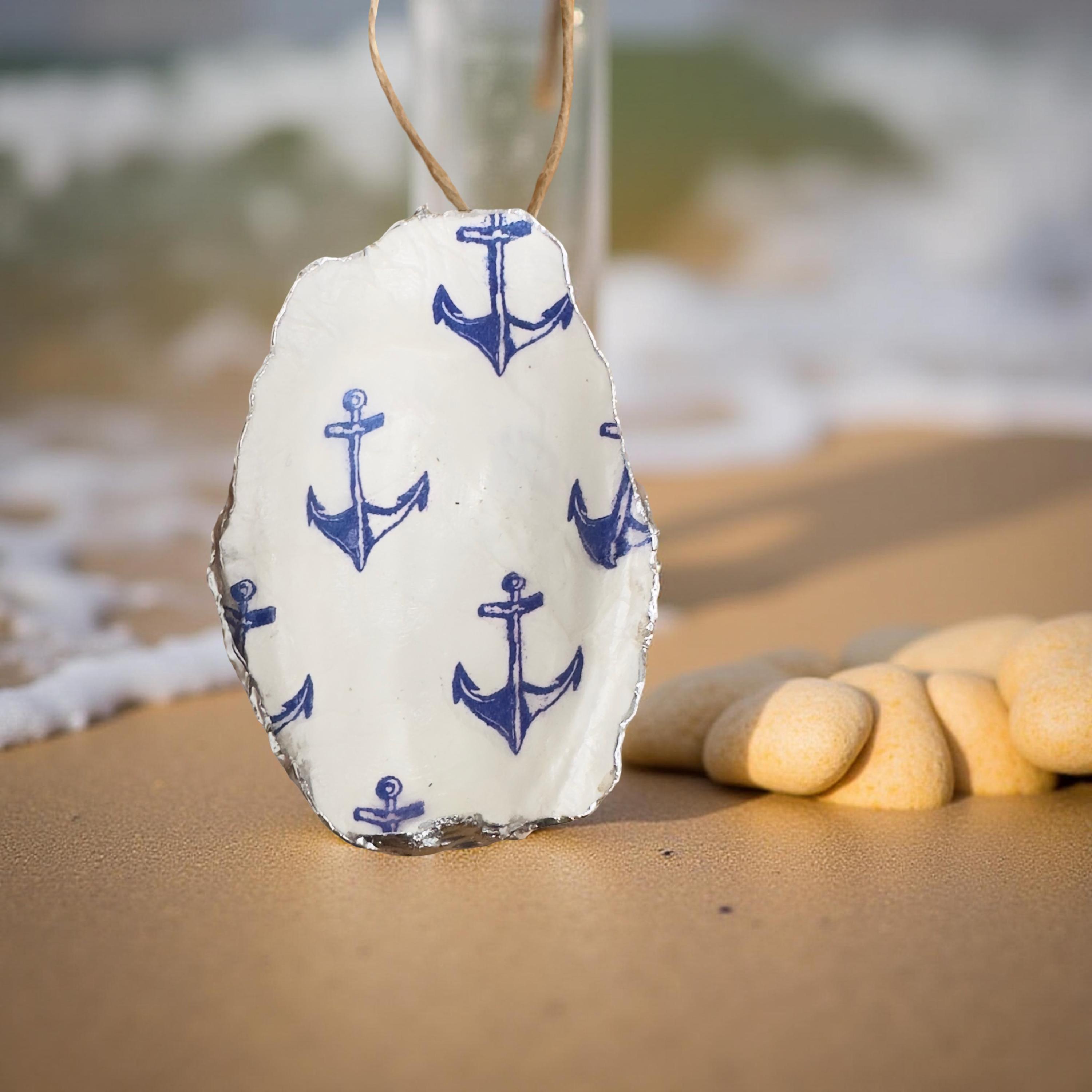 Navy Anchor Oyster Shell Ornament – Silver Rim - Thumbnail 2