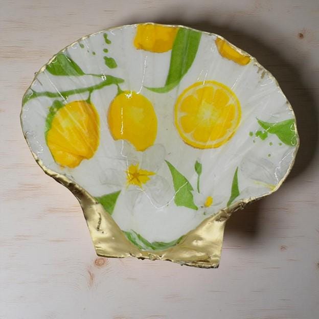 Lemon Grove Shell Trinket Dish: Gold Rim Coastal Decor