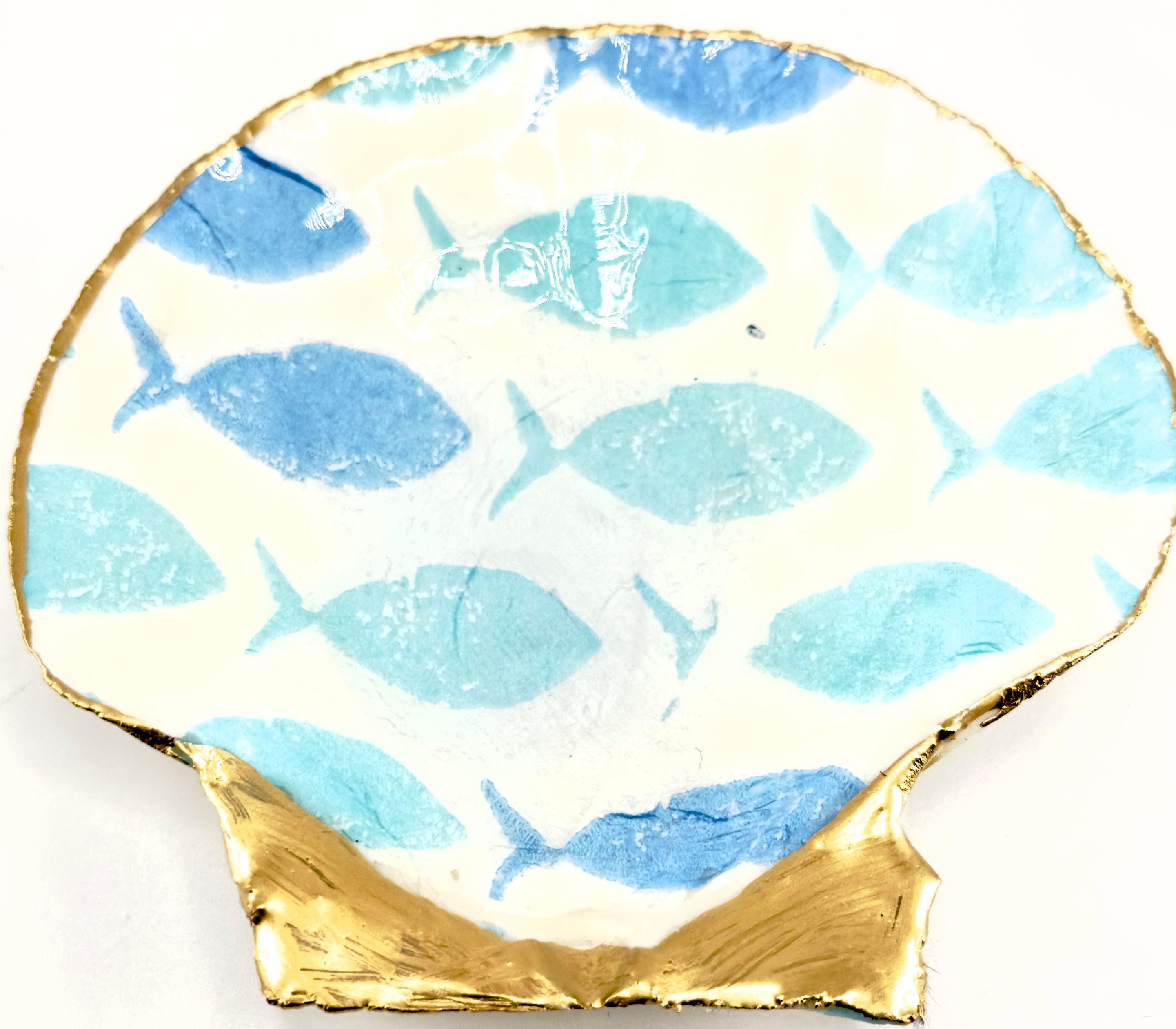 Scallop Shell Soap Dish: Gold Gilded Fish Decoupage