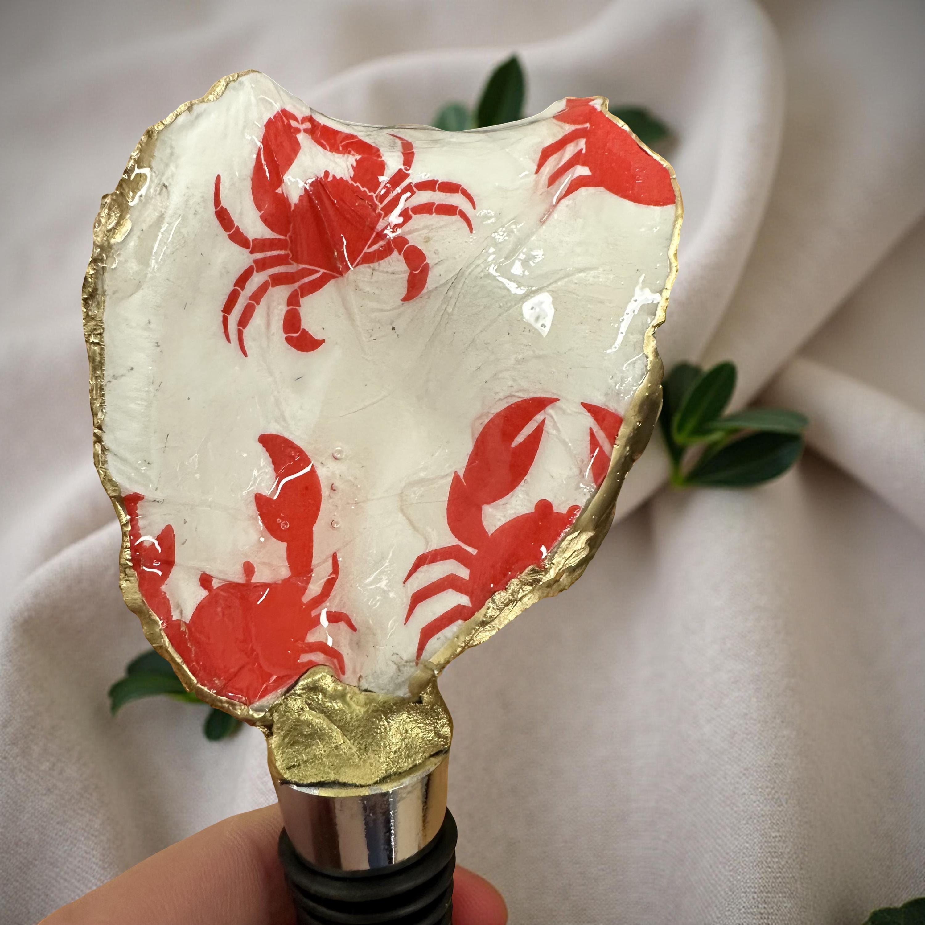 Coastal Red Crab Oyster Shell Wine Stopper with Gold Trim - Thumbnail 2