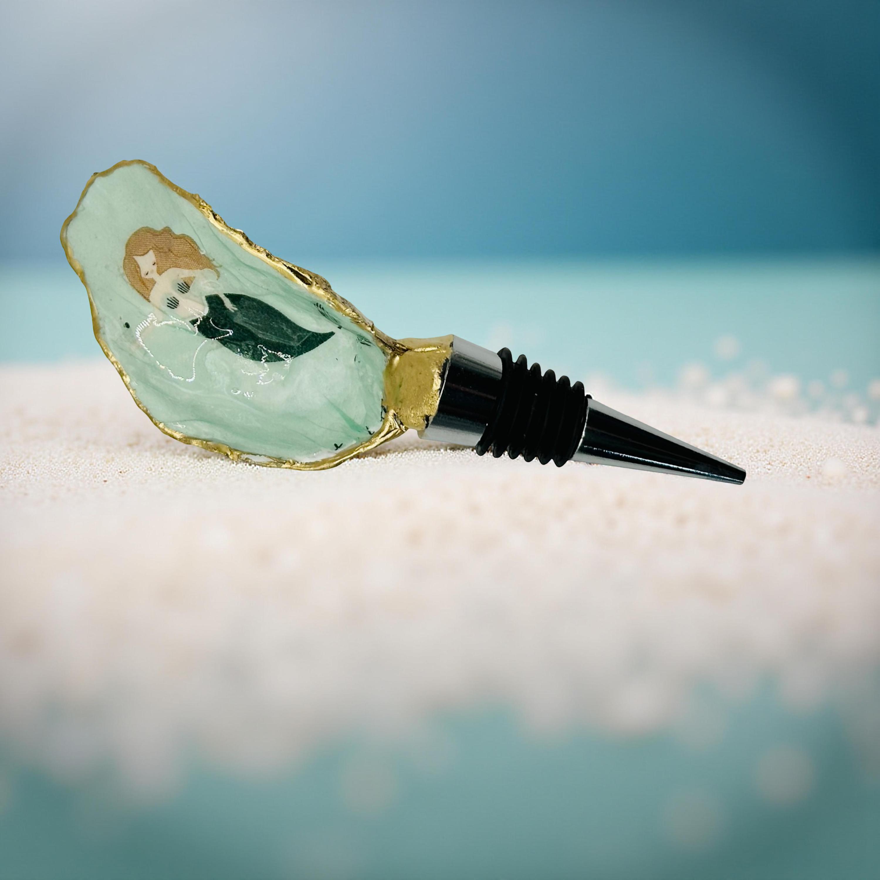 Mermaid Oyster Shell Wine Stopper: Seafoam Coastal Decor - Image 1