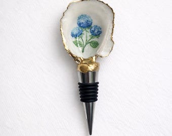 Blå hortensia ostronskal vinpropp, blommig flaskpropp, guldförgylld presentask, kuststugadekor, present till mamma