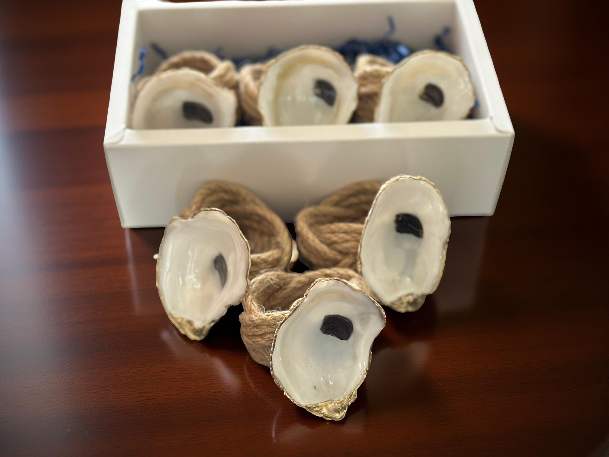 Coastal Oyster Shell Napkin Rings – Gold Rim, Set of 6 - Image 1