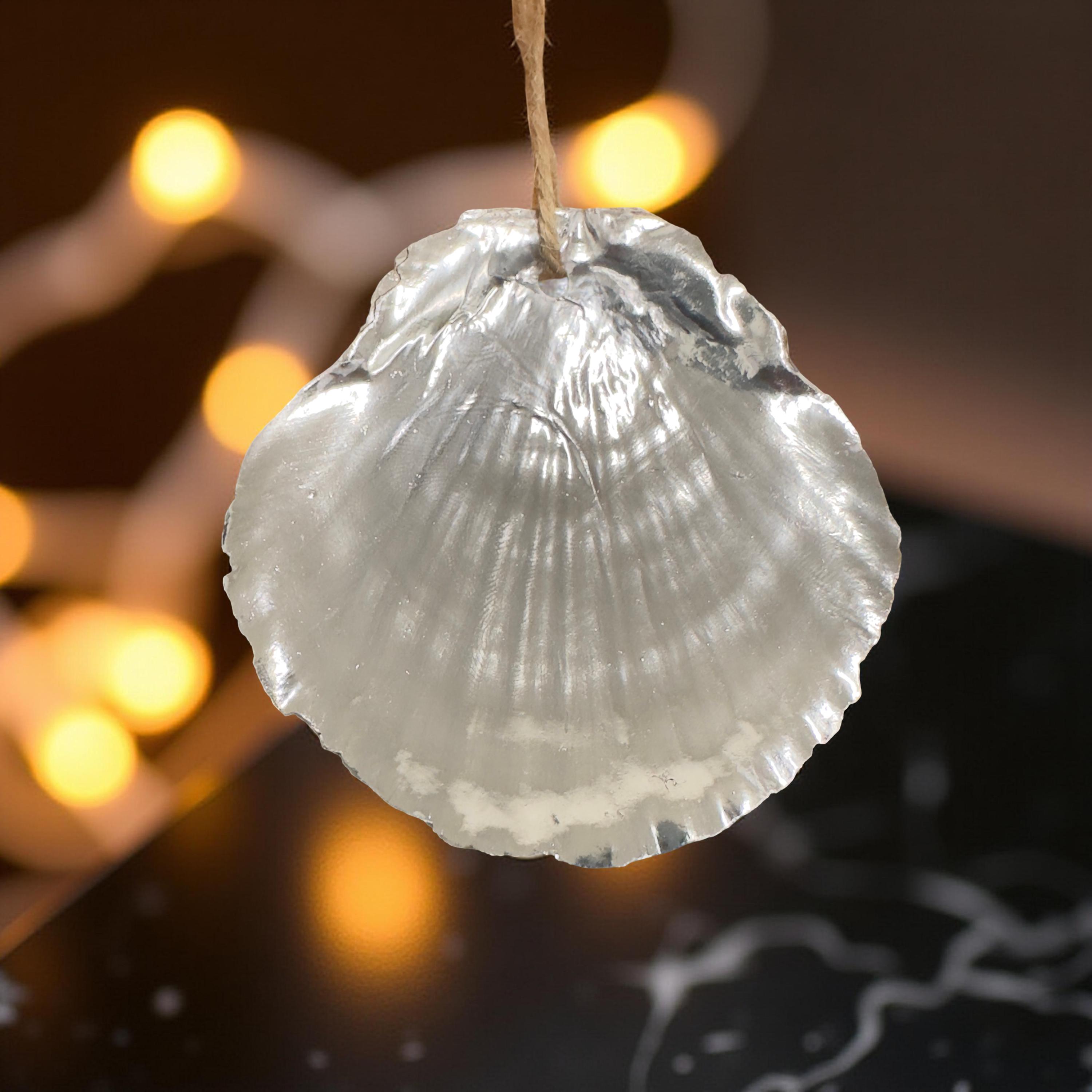 White & Metallic Scallop Shell Ornament – Silver or Gold Rim | Coastal Christmas Décor | Handmade - Thumbnail 4