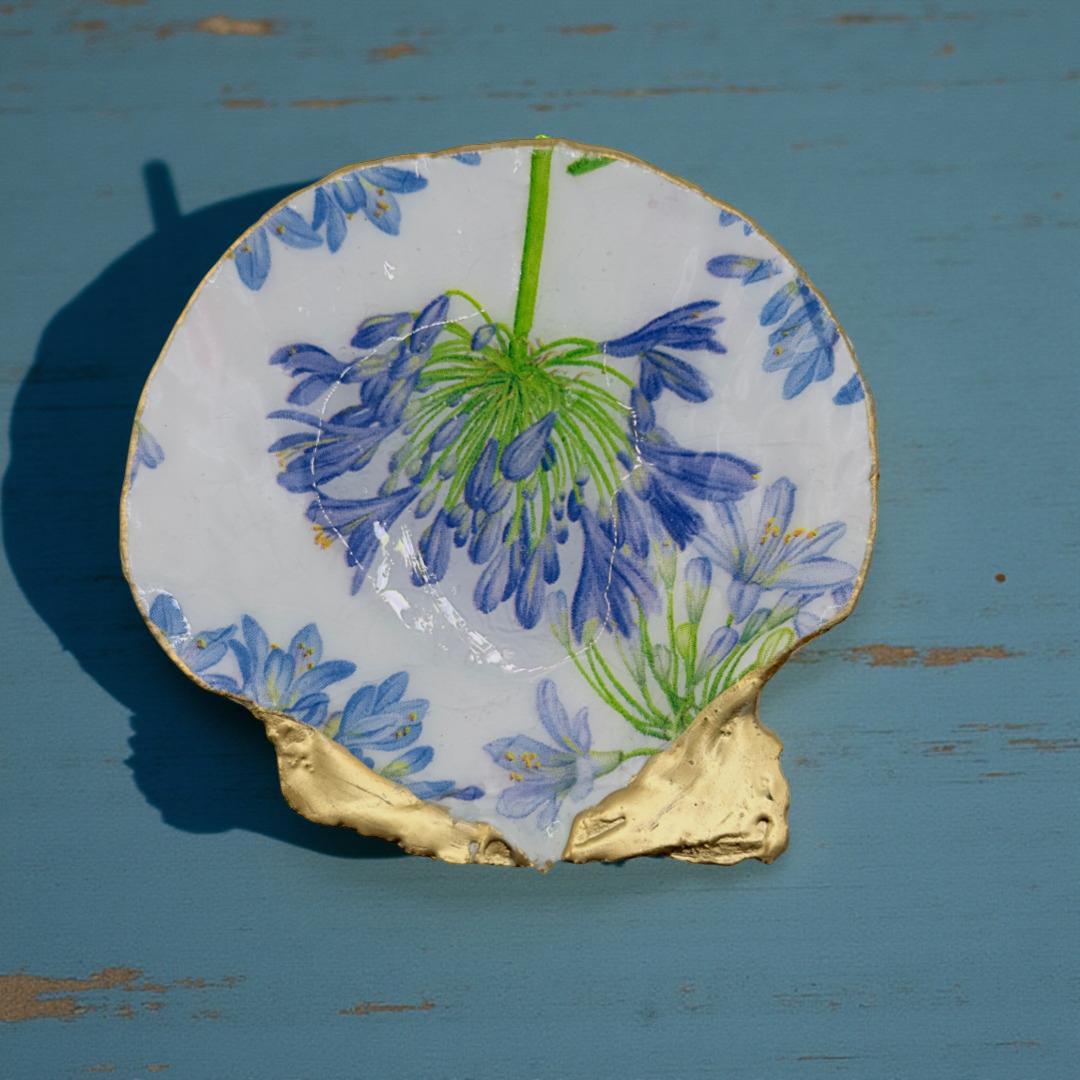 Hand-Gilded Agapanthus Scallop Shell Trinket Dish with Gold Rim - Coastal Botanical Decor