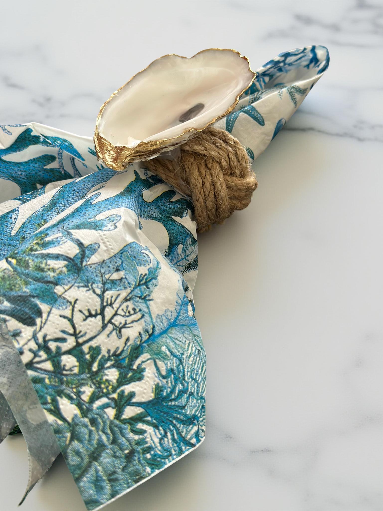 Coastal Oyster Shell Napkin Rings – Gold Rim, Set of 6 - Thumbnail 2