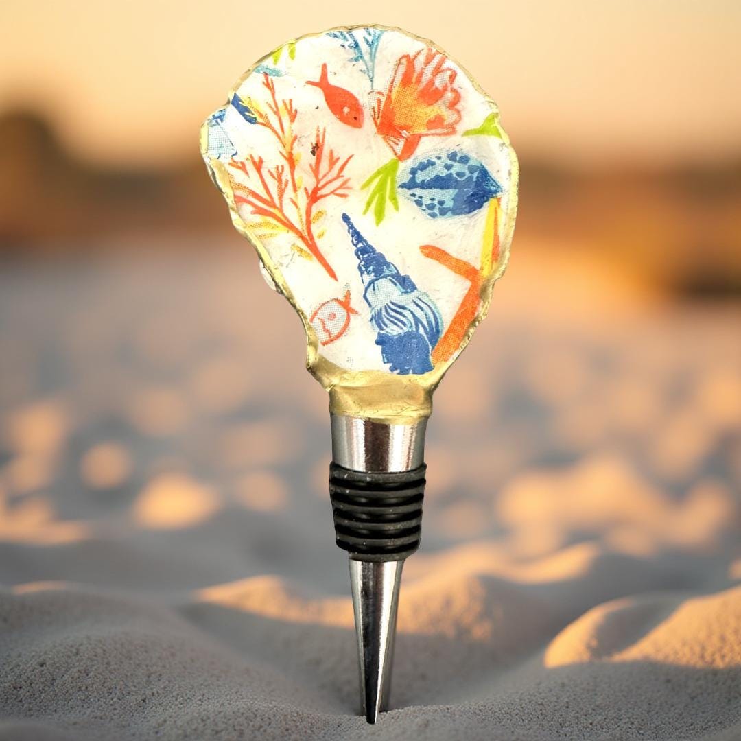 Coral Reef Oyster Shell Wine Stopper: Gold Rim Coastal Decor