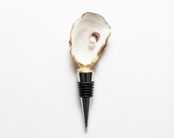 Oyster Shell Wine Stopper, Handmade Coastal Wine Gift, Pearl Shell Bottle Stopper, Beach House Bar Cart Decor, Hostess Gift
