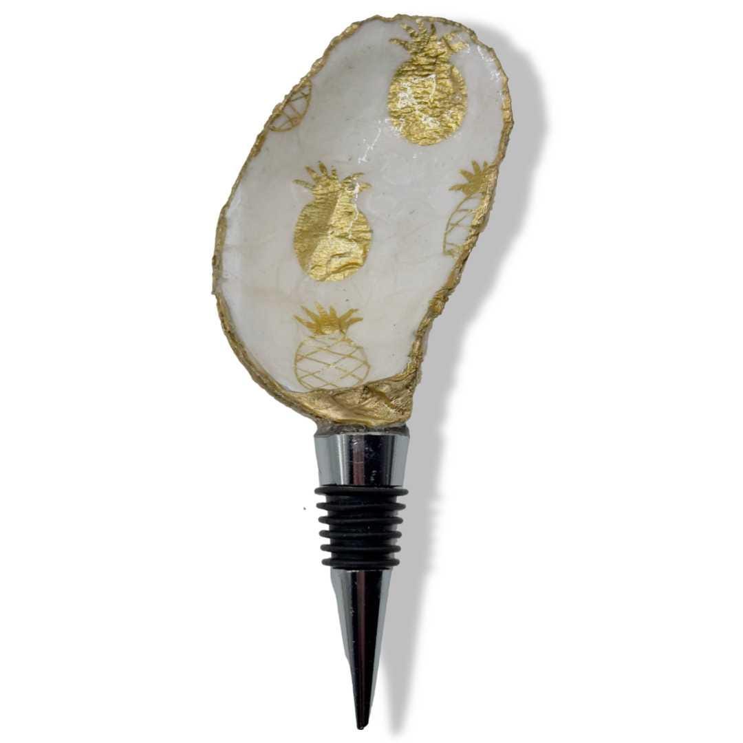 Elegant Tropical Pineapple Wine Stopper with Gold Leaf Trim and Oyster Shell Decoupage - Thumbnail 6