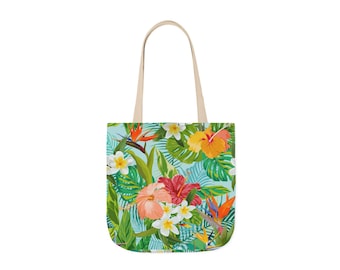 Tropical Floral Canvas Tote Bag: Hawaiian Hibiscus & Plumeria Beach Bag