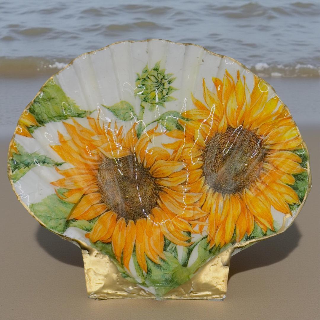 Handcrafted Sunflower Scallop Shell Trinket Dish with Gold Rim | Unique Upcycled Eco-Friendly Decor - Image 1