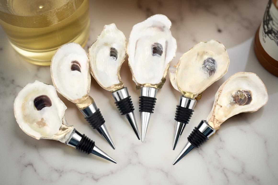 Handmade Oyster Shell Wine Stopper: Gold Rim Coastal Decor