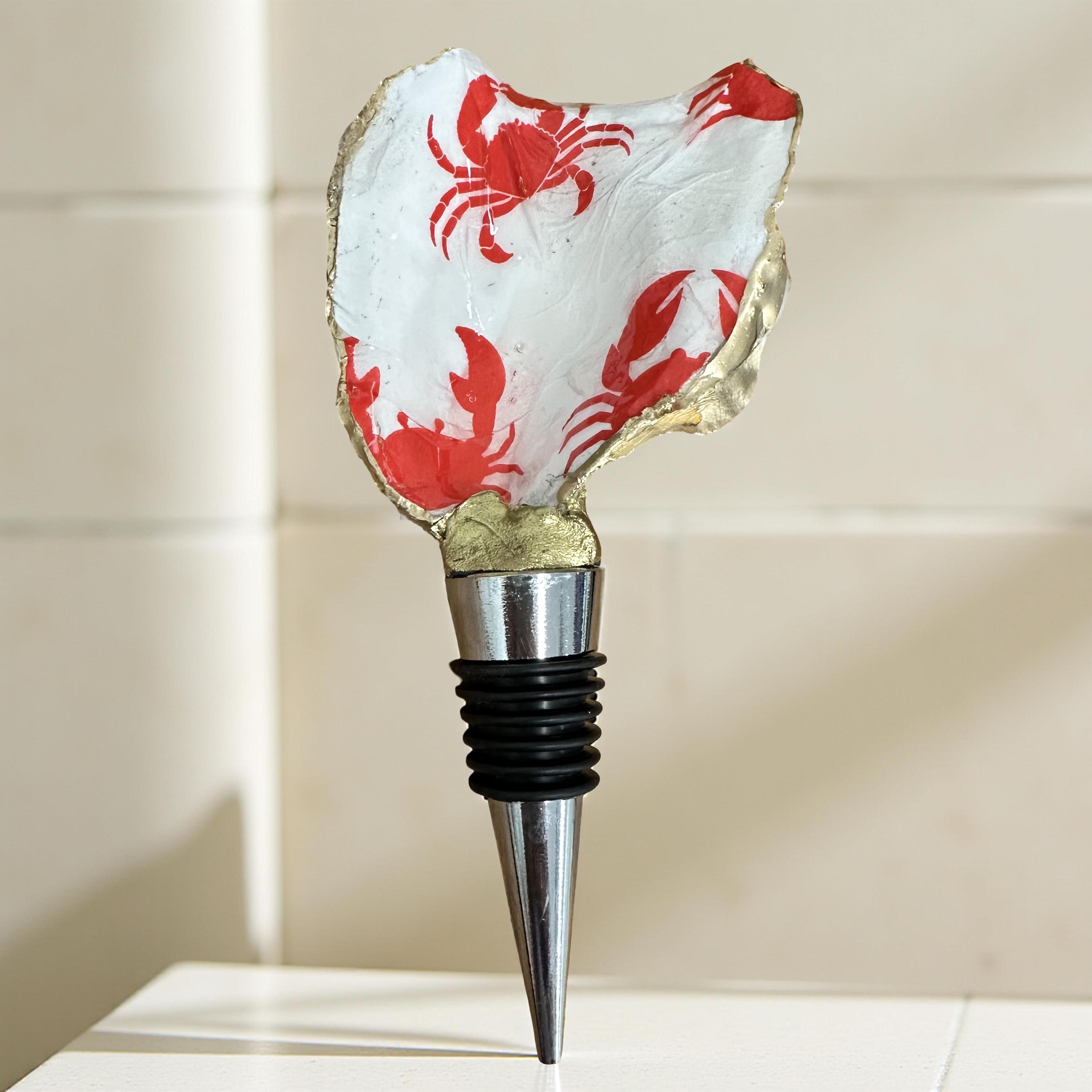 Coastal Red Crab Oyster Shell Wine Stopper with Gold Trim - Thumbnail 3