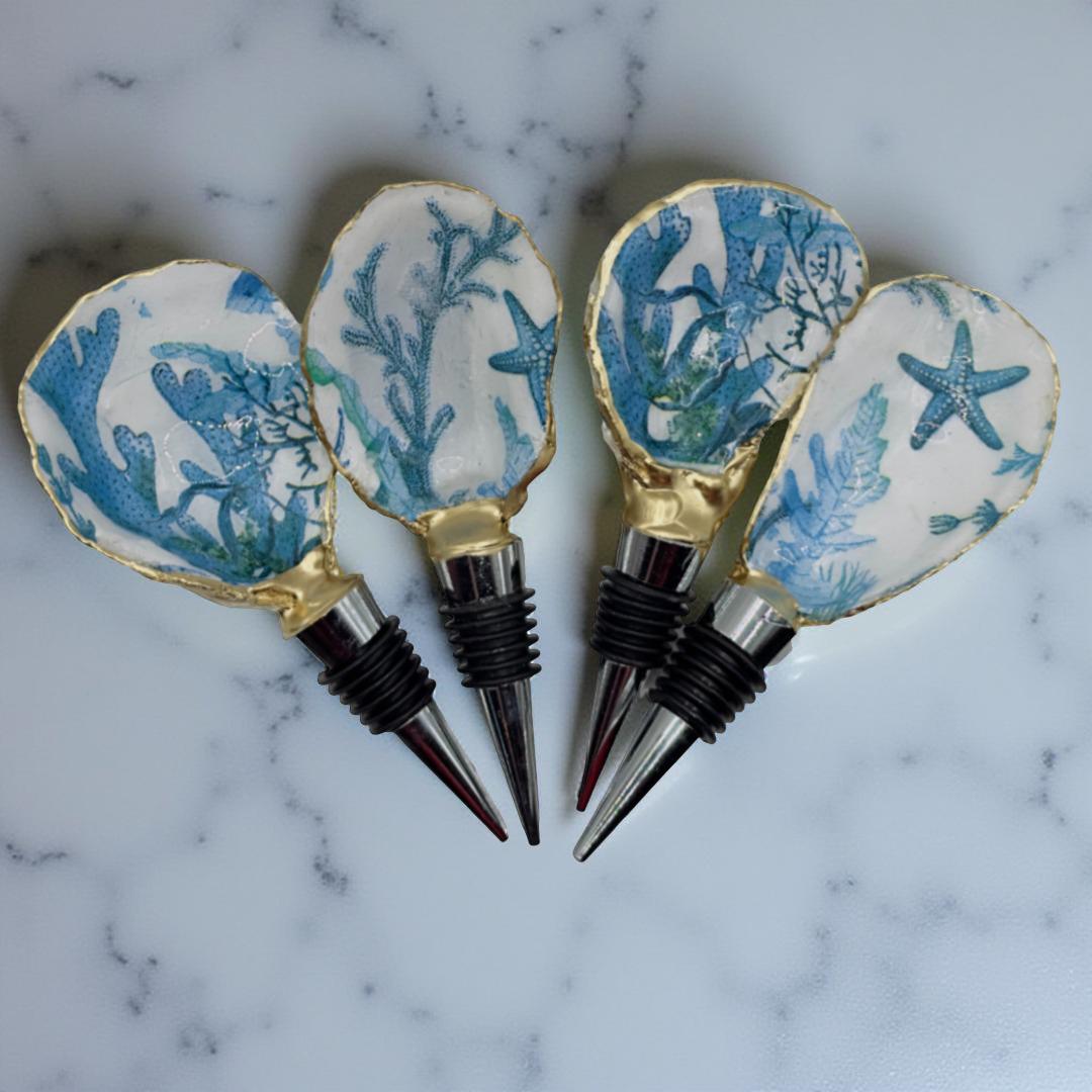 Sea-inspired Oyster Shell Wine Stoppers with Gold Trim - Handcrafted Coastal Decor for Wine Lovers