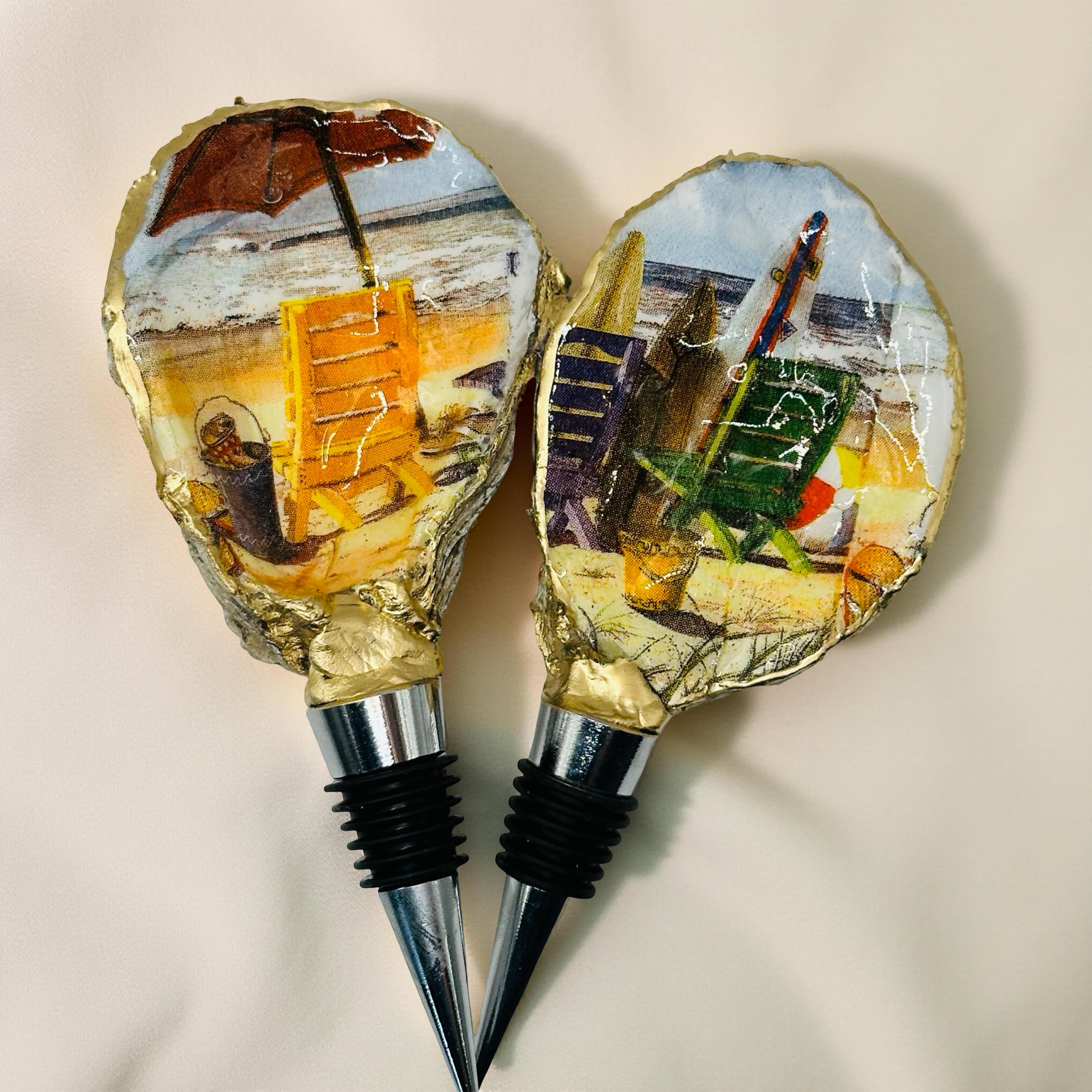 Beach Day Oyster Shell Wine Stopper: Gold Gilded Coastal Decor
