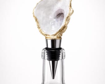 Tapón de vino de concha de ostra hecho a mano: decoración costera con borde dorado