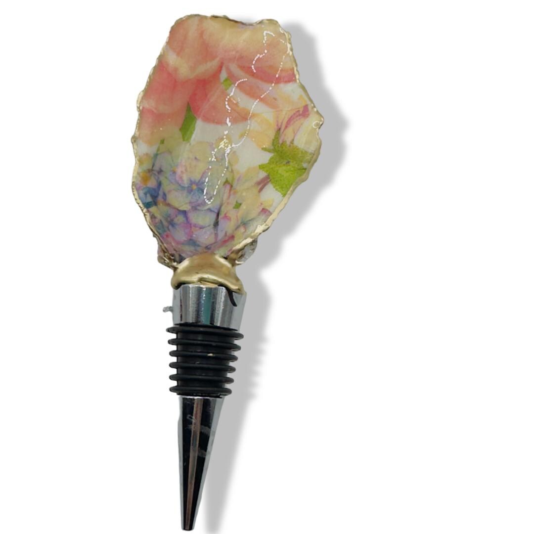 Floral Oyster Shell Wine Stopper: Gold Rim Coastal Decor - Thumbnail 4