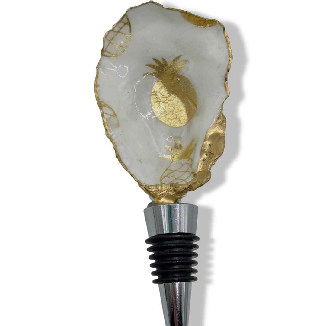 Elegant Tropical Pineapple Wine Stopper with Gold Leaf Trim and Oyster Shell Decoupage - Thumbnail 7